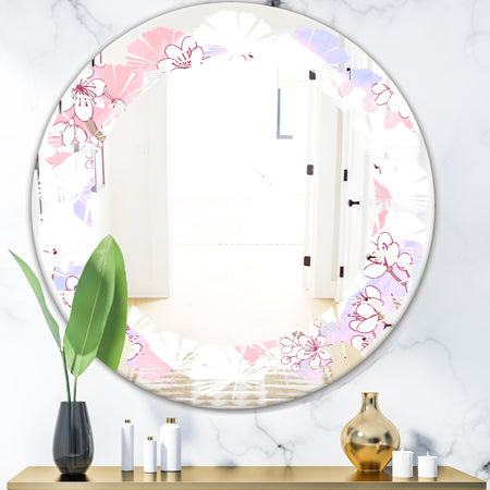 Retro Pink Flower Pattern I - Cottage Round or Oval Wall Mirror - Leaves