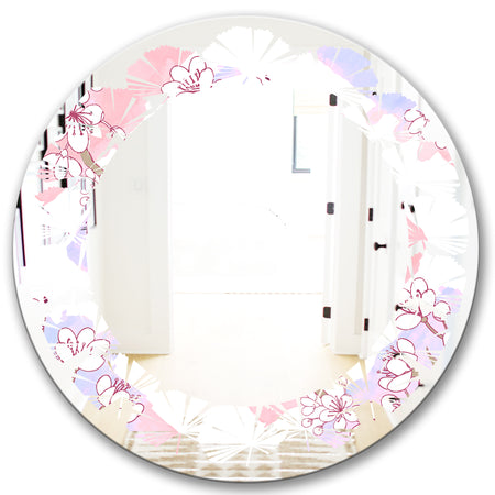 Retro Pink Flower Pattern I - Cottage Round or Oval Wall Mirror - Leaves