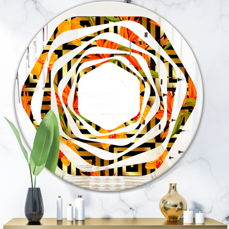 Tropical Gold Luxury Pattern III - Modern Round or Oval Wall Mirror - Whirl