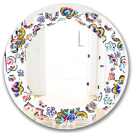 Retro handdrawn flowers II - Modern Round or Oval Wall Mirror - Leaves