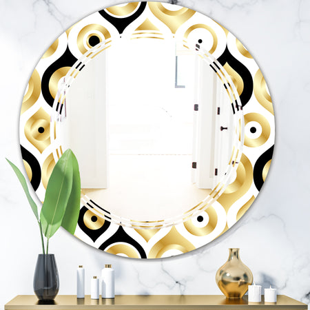 Golden Art Deco Metallic Luxury Geometrics - Modern Round or Oval Wall Mirror - Triple C