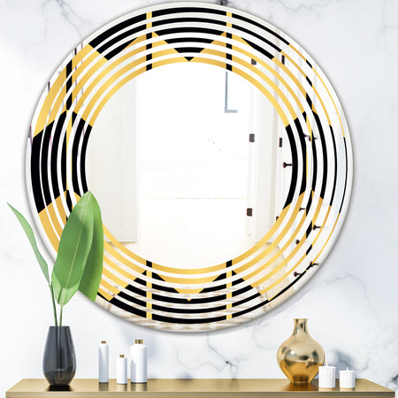Golden Luxury Metallic Geometrics V - Modern Round or Oval Wall Mirror - Wave