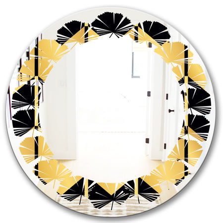 Golden Luxury Metallic Geometrics V - Modern Round or Oval Wall Mirror - Leaves