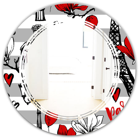 Paris Eiffel Red Hearts II - Cottage Round or Oval Wall Mirror - Triple C