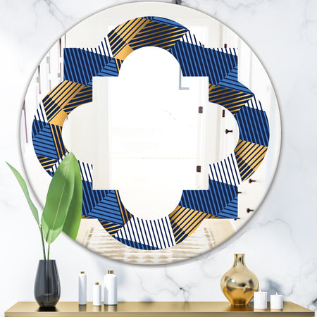 Retro Luxury Waves In Gold and Blue V - Modern Round or Oval Wall Mirror - Quatrefoil