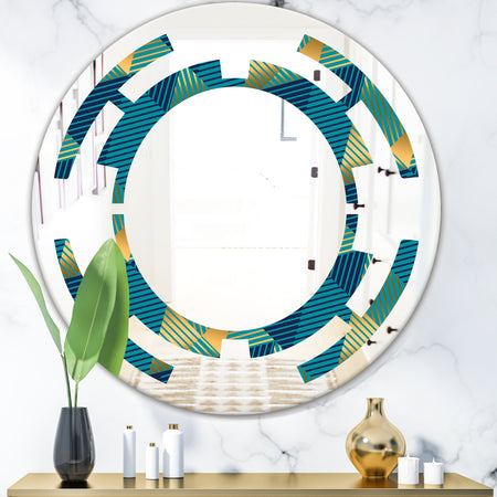 Retro Luxury Waves In Gold and Blue VII - Modern Round or Oval Wall Mirror - Space