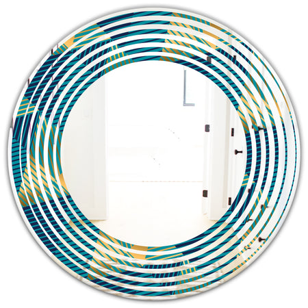 Retro Luxury Waves In Gold and Blue VII - Modern Round or Oval Wall Mirror - Wave