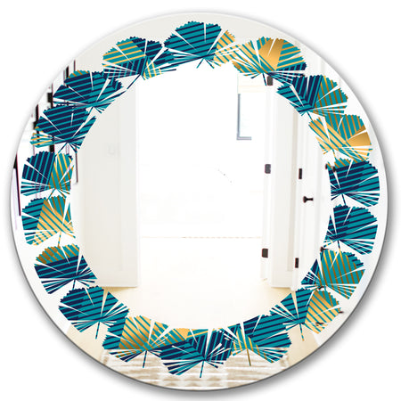 Retro Luxury Waves In Gold and Blue VII - Modern Round or Oval Wall Mirror - Leaves