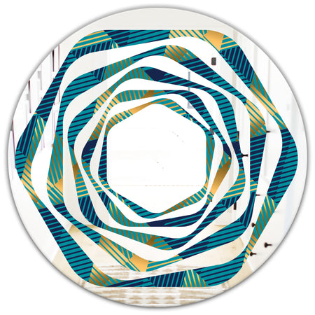 Retro Luxury Waves In Gold and Blue VII - Modern Round or Oval Wall Mirror - Whirl