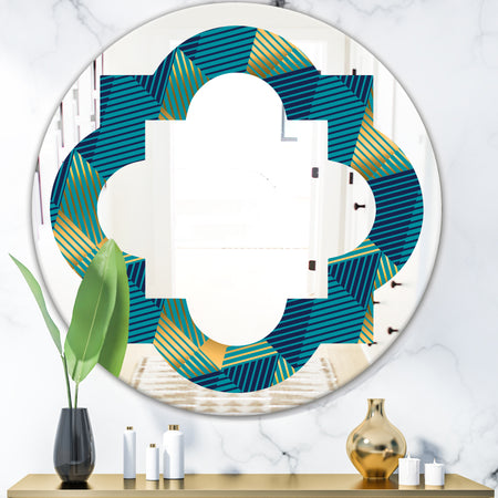 Retro Luxury Waves In Gold and Blue VII - Modern Round or Oval Wall Mirror - Quatrefoil