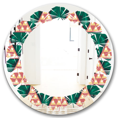 Abstract Geometric Retro II - Modern Round or Oval Wall Mirror - Leaves