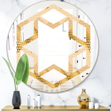 Golden Triangular Wavess I - Modern Round or Oval Wall Mirror - Hexagon Star