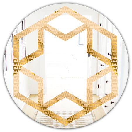 Golden Triangular Wavess I - Modern Round or Oval Wall Mirror - Hexagon Star