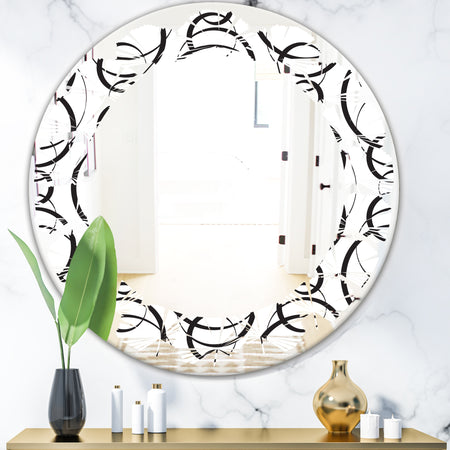 Retro Geometrical Abstract Minimal Pattern VI - Modern Round or Oval Wall Mirror - Leaves