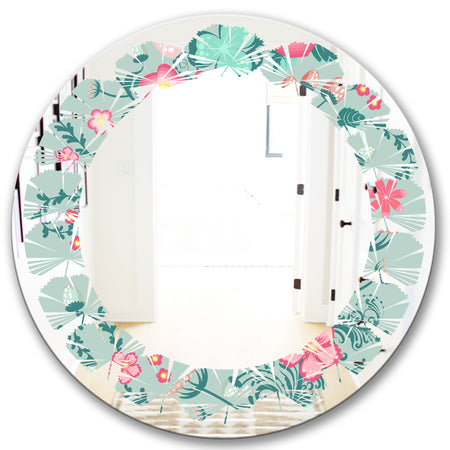 Spring floral pattern in soft pastel colors - Modern Round or Oval Wall Mirror - Leaves