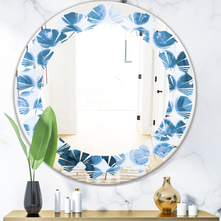 Indigo Watercolor Geometrical VII - Modern Round or Oval Wall Mirror - Leaves