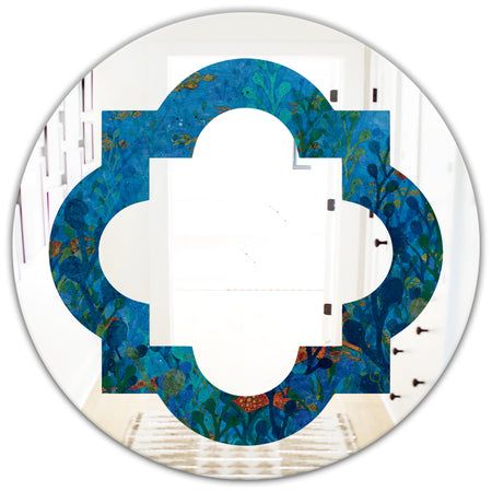 Blue Underwater Lake leaves I - Cottage Round or Oval Wall Mirror - Quatrefoil