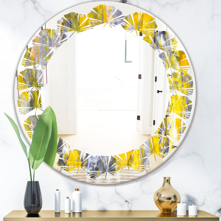 Grey and Yellow Abstract Pattern - Modern Round or Oval Wall Mirror - Leaves