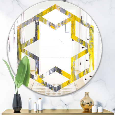 Grey and Yellow Abstract Pattern - Modern Round or Oval Wall Mirror - Hexagon Star