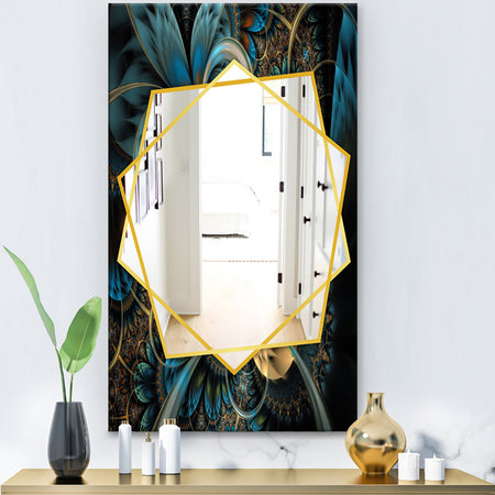 Symmetrical Blue Gold Fractal Flower - Modern Mirror - Frameless Contemporary Wall Mirror