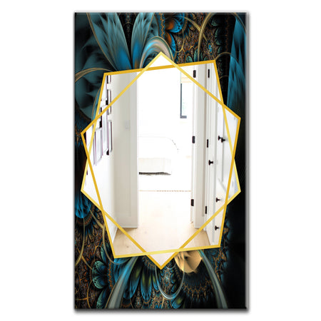 Symmetrical Blue Gold Fractal Flower - Modern Mirror - Frameless Contemporary Wall Mirror