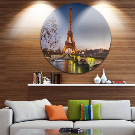 Beautiful View of Paris Eiffel Tower with Bridge - Cityscape Disc Metal Wall Art