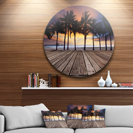 Old Wood Terrace on Sea Beach - Modern Landscape Circle Wall Art