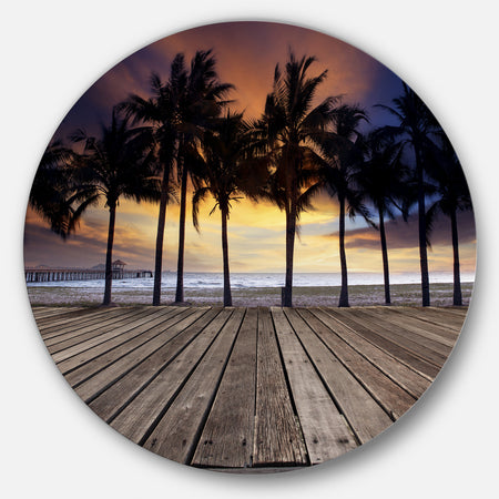 Old Wood Terrace on Sea Beach - Modern Landscape Circle Wall Art