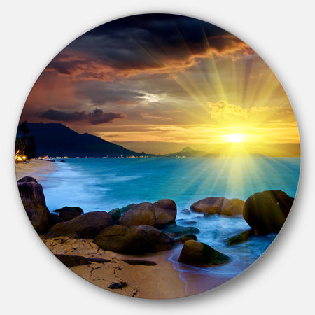 Bright Yellow Sun over Blue Waters - Modern Beach Disc Metal Wall Art