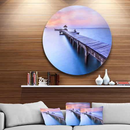 Beach with Blue Waters and Wood Bridge - Sea Pier Disc Metal Artwork