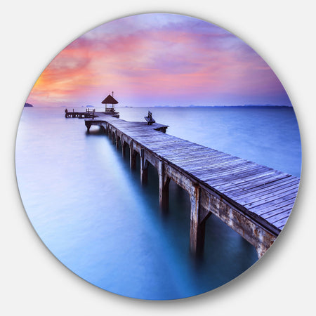 Beach with Blue Waters and Wood Bridge - Sea Pier Disc Metal Artwork