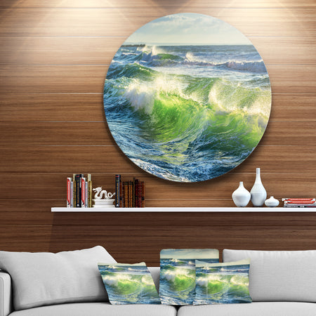 Sunrise and Shining Waves in Ocean - Beach Round Wall Art