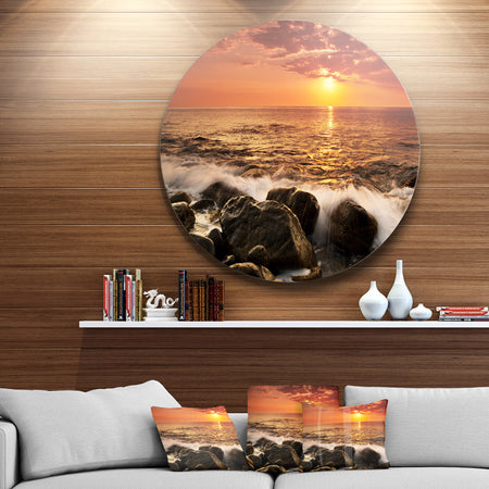 Bright Sunset over Rocky Shore - Modern Seashore Large Disc Metal Wall art