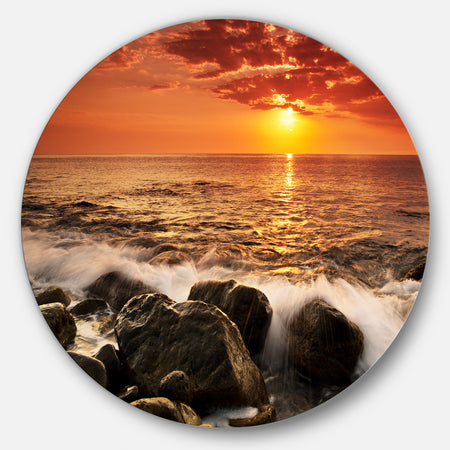 Bright Sunset over Rocky Shore - Modern Seashore Large Disc Metal Wall art