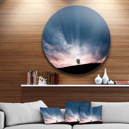 Flock of Birds and Lonely Tree - Large Disc Metal Wall art Landscape