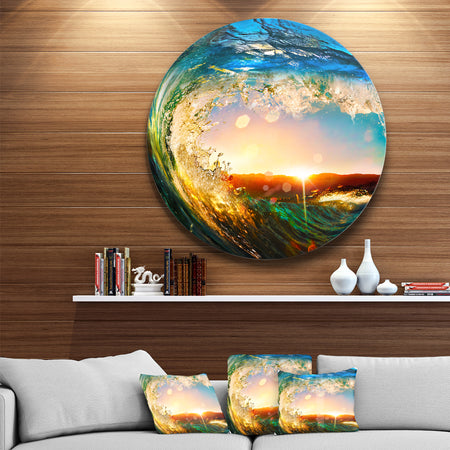 Colored Ocean Waves Falling Down - Modern Seashore Disc Metal Wall Art