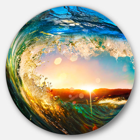 Colored Ocean Waves Falling Down - Modern Seashore Disc Metal Wall Art