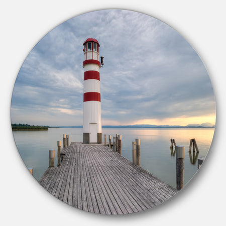 Lighthouse at Lake Neusiedl at Sunset - Sea Bridge Round Wall Art