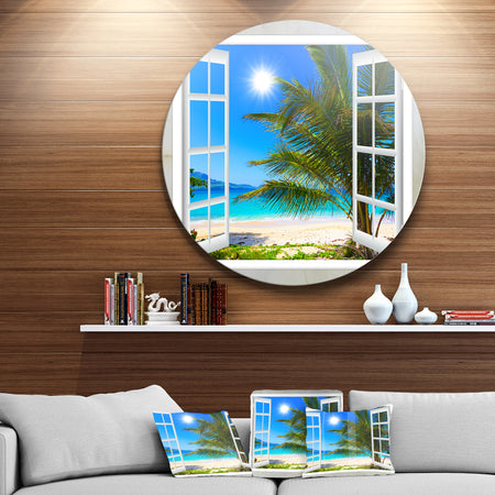 Window Open to Beach with Palm - Seashore Round Wall Art