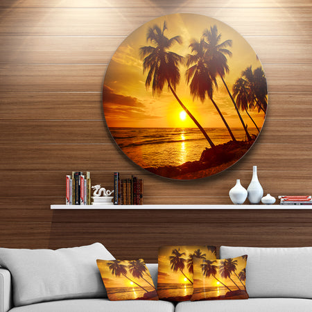 Beach Sunset in Island Barbados - Modern Seascape Round Metal Wall Art