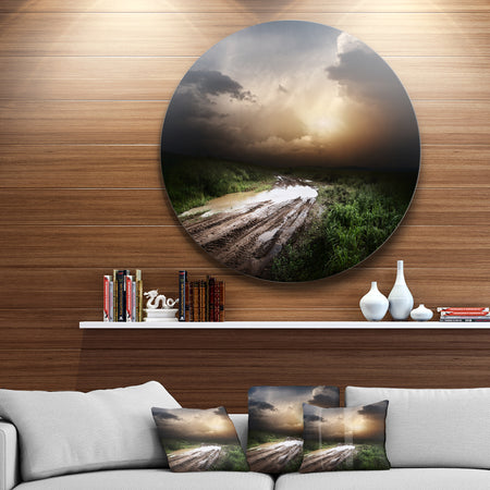 Muddy Countryside Roads under Dark Clouds - Landscape Disc Metal Wall Art