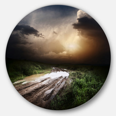 Muddy Countryside Roads under Dark Clouds - Landscape Disc Metal Wall Art