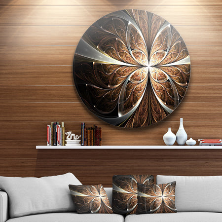 Fractal Flower Brown Black Digital Art - Floral Round Metal Wall Art