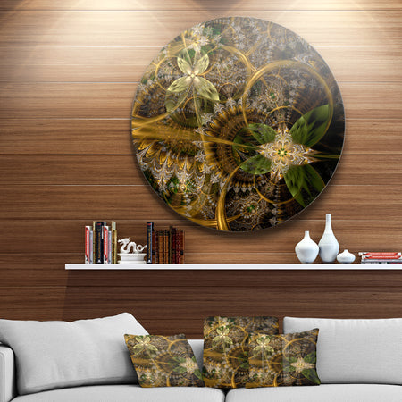Green Gold Digital Art Fractal Flower - Floral Round Metal Wall Art