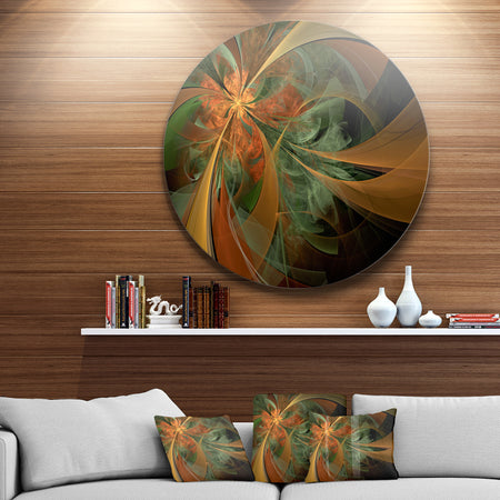 Symmetrical Orange Digital Fractal Flower - Modern Floral Disc Metal Artwork