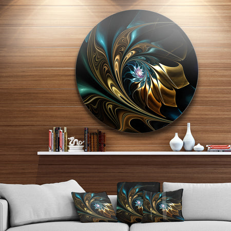 Brown Blue Fractal Flower in Black - Abstract Large Disc Metal Wall art
