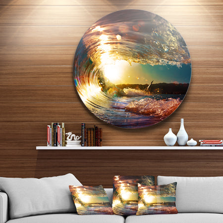 Colored Ocean Waves Falling Down III - Modern Seashore Round Circle Metal Wall Decor Panel