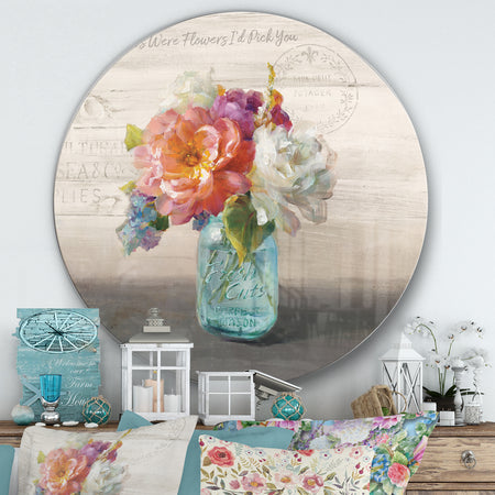 French Cottage Bouquet I Mothers - Farmhouse Metal Circle Wall Art