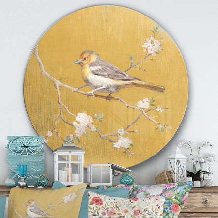 Gold Bird on Blossoms I - Farmhouse Metal Circle Wall Art