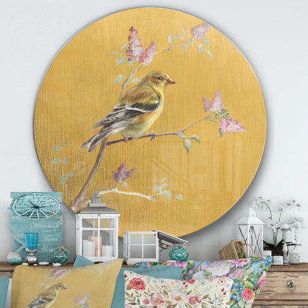 Gold Bird on Blossoms III - Farmhouse Metal Circle Wall Art